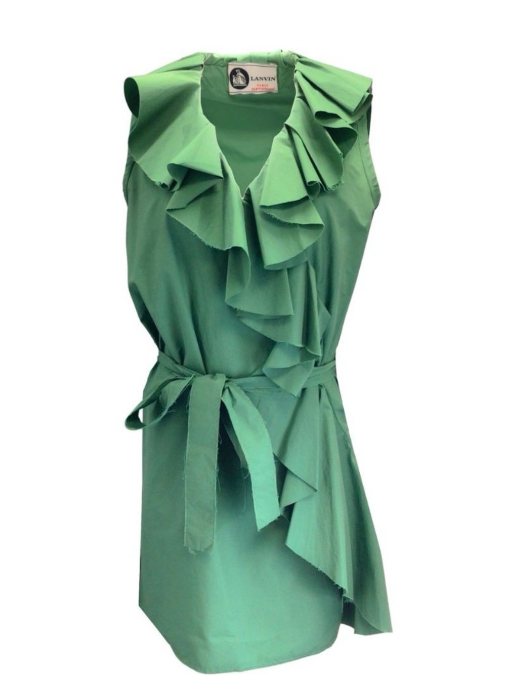 LANVIN GREEN RUFFLED SLEEVELESS
COTTON DRESS US 12